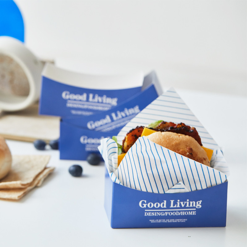 【現貨】【三明治包裝盒】包裝盒 三明治 滑蛋 厚蛋燒 吐司紙託 漢堡 早餐 手拿 藍色 紙盒