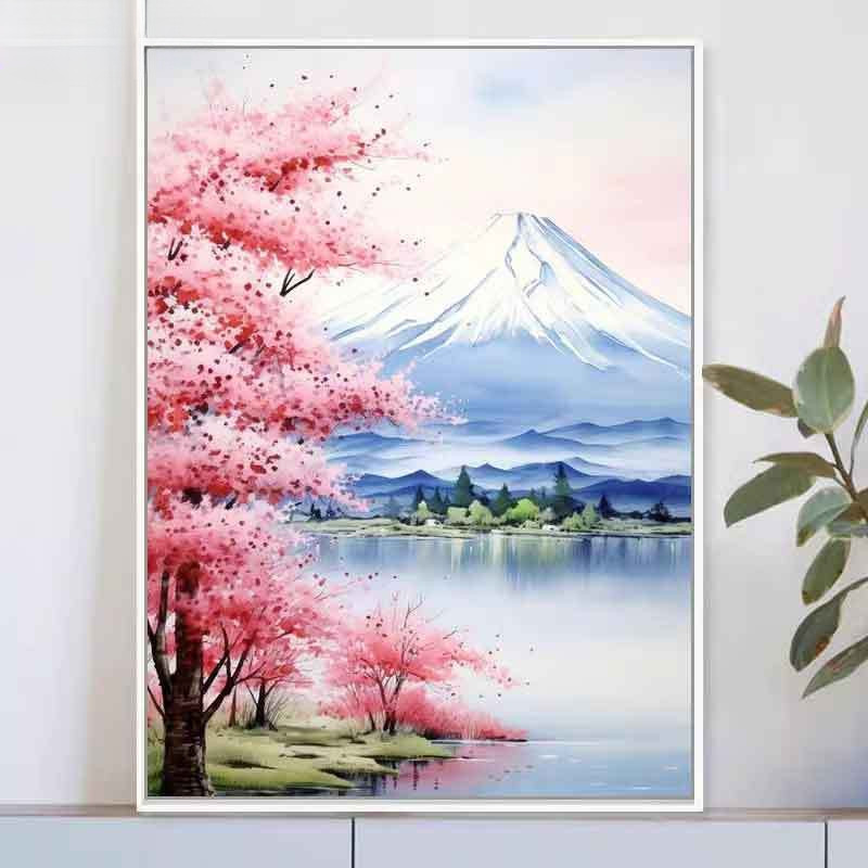 新款現貨富士山櫻花 diy數字油畫風景塗鴉填色丙烯畫裝飾油彩掛畫