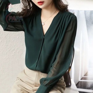 長袖襯衣女春秋季2025新款法式V領設計感上衣氣質寬鬆雪紡襯衫女韓版寬鬆顯瘦遮肉上衣 春夏季襯衫 氣質襯衫【PAPA】