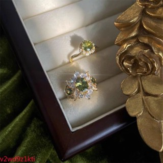 …臺灣出貨…【1083人收藏】vintage中古戒指女ins橄欖綠鋯石食指戒復古輕奢高級法式開口指環…