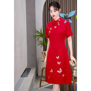 復古民族風中國傳統旗袍連衣裙時尚刺繡改良紅色旗袍新年cny新年旗袍