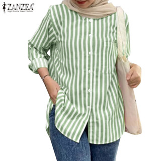 Zanzea 女士穆斯林時尚工作場所日常條紋貼袋襯衫