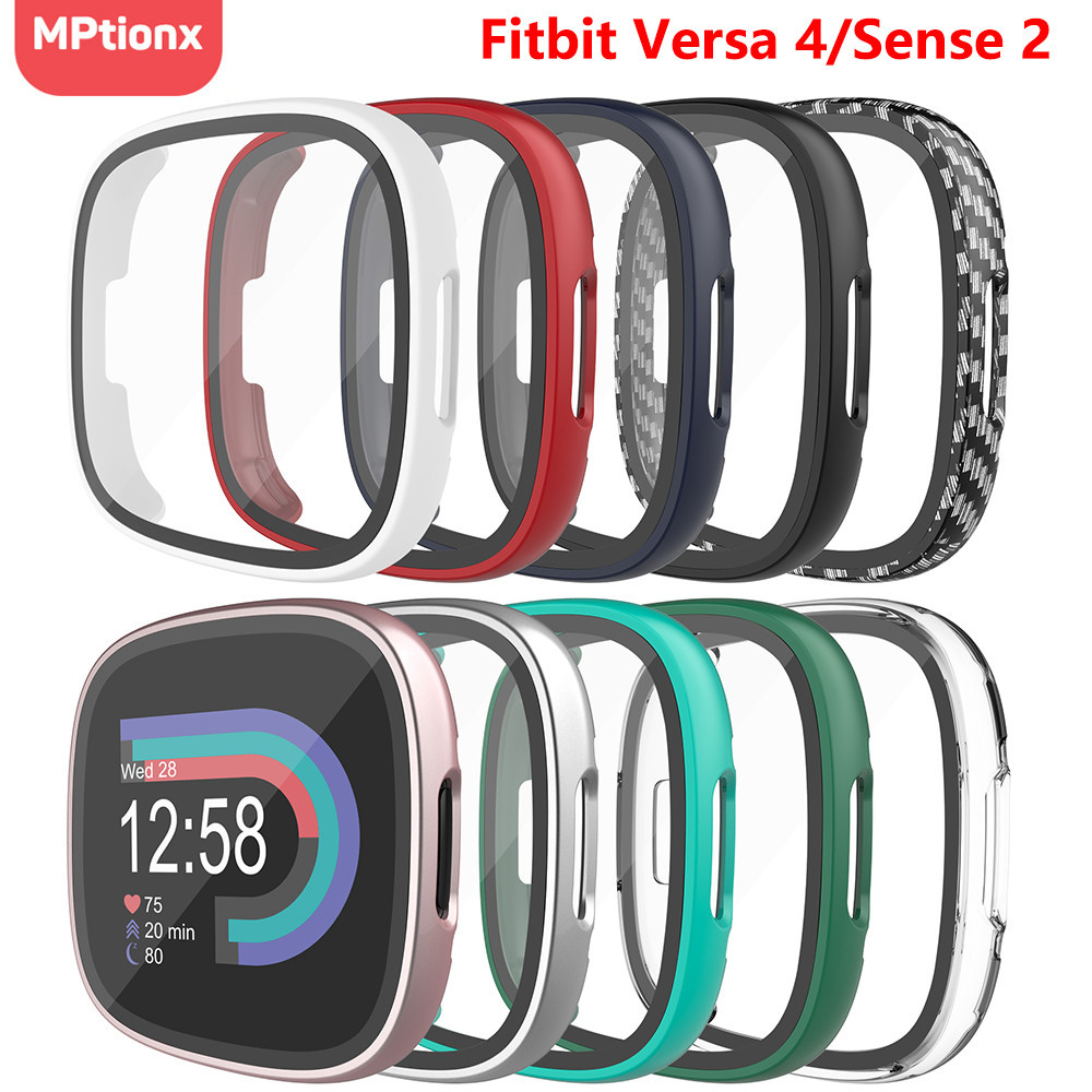 適用於 Fitbit Versa 4 硬質 PC 保險槓的屏幕保護膜,帶高清鋼化玻璃外殼