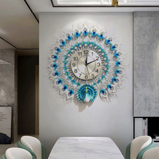 現貨 新品藍孔雀掛鐘 鐵藝創意鐘錶 客廳裝飾靜音時鐘 大表盤