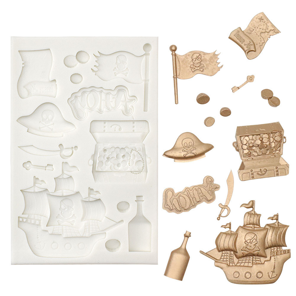 新款海盜海賊寶箱金幣翻糖矽膠模具 DIY巧克力裝飾蛋糕烘焙工具