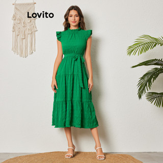 Lovito 女款休閒素色荷葉邊束帶連身裙 LBL08407