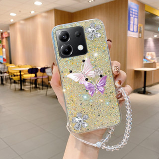 手機殼適用於紅米 Note13 Pro Pro+ 13C 5G 閃亮3D立體蝴蝶裝飾手機殼帶手鍊可愛TPU閃光軟殼保護套