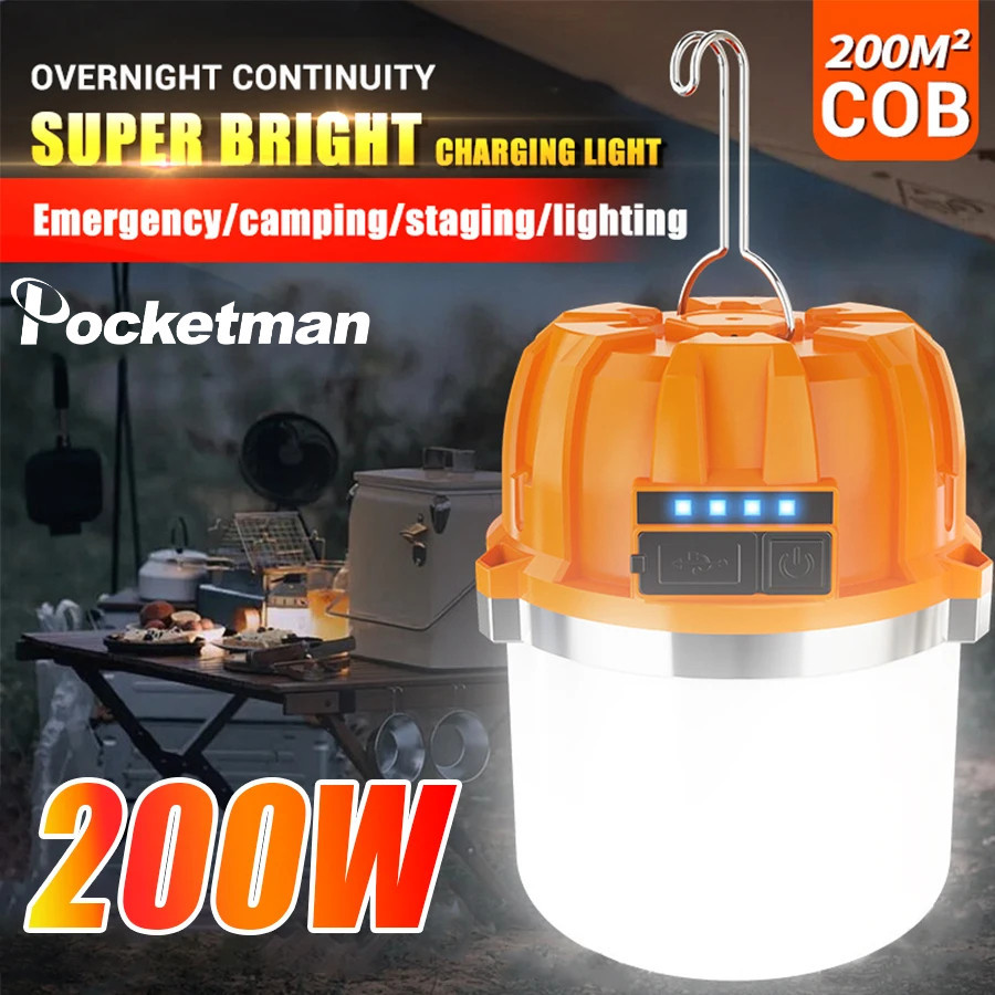 200w LED 野營燈戶外應急燈燈泡大功率燈電池可充電燈籠燒烤帳篷燈