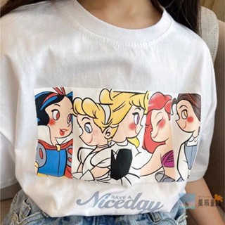 兒童公主係列2024夏裝新款韓版中大女童卡通白雪公主印花短袖T恤