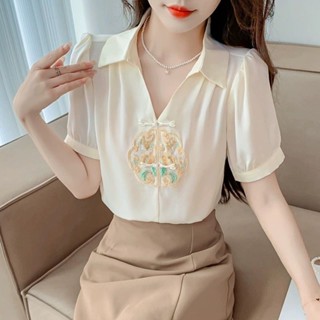 新中式刺繡盤扣短袖襯衫女夏季改良版POLO領寬鬆上衣
