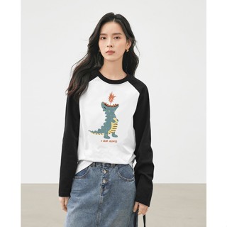【臺灣出貨】XH 純棉打底衫女 秋季新款黑白撞色插肩袖寬鬆百搭長袖T恤 印花T恤 大碼上衣 7KBP