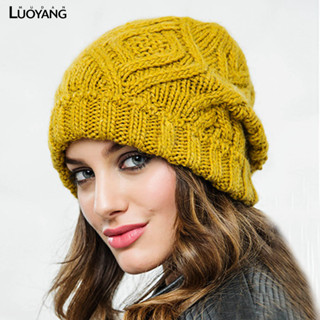 洛陽牡丹 菱形方格柔軟粗毛線針織帽子女帽時尚秋冬季毛線帽