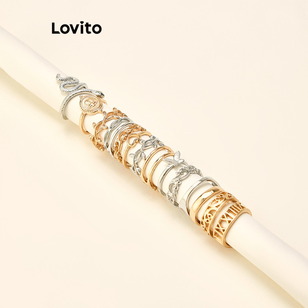 Lovito 休閒幾何珍珠星蝴蝶30枚蛇形重疊女式戒指 LCS02033