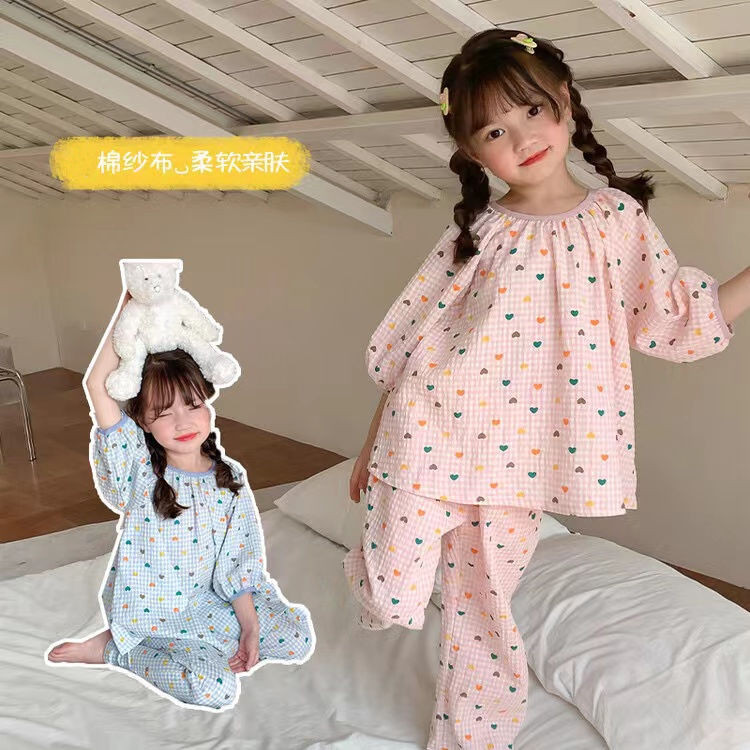 女童睡衣 夏天兒童短袖睡衣 可愛韓國睡衣套裝 七分袖家居服空調服兩件套薄