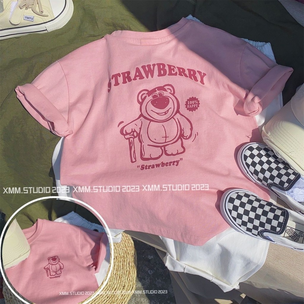 女大童上衣 草莓熊衣服 熊抱哥衣服 100%純棉兒童短袖T恤夏裝可愛草莓熊印花男女童寶寶卡通洋氣上衣