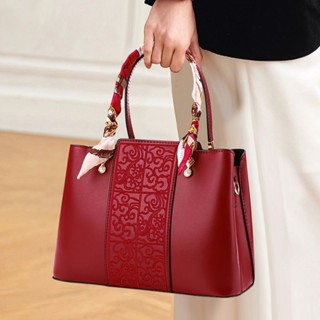 真皮紅色包包2024新款高級感刺繡時尚高級手提包