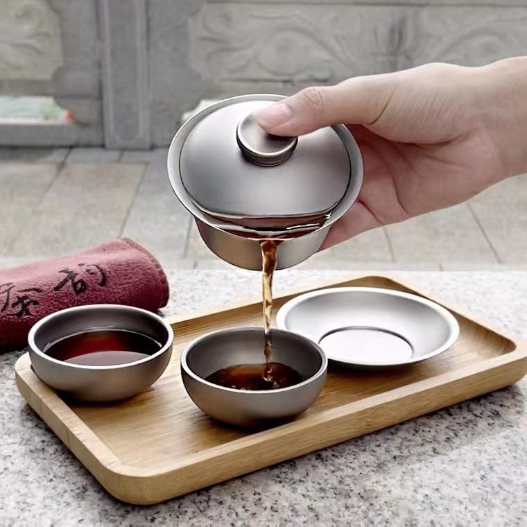 純鈦蓋碗雙層防燙泡茶器茶具茶壺便攜小茶具戶外旅行茶具