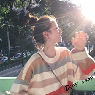 【現貨速發】 【DIFF】秋冬韓版網紅慵懶寬鬆甜美條紋長袖上衣 毛衣 長袖t恤 大學T 女裝 衣服 寬鬆上衣 顯瘦 素T