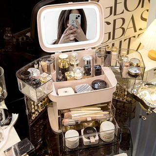 夢露百貨 正品現貨 帶鏡子化妝品收納盒一件式帶燈放護膚品的架子桌面抽屜防塵置物架