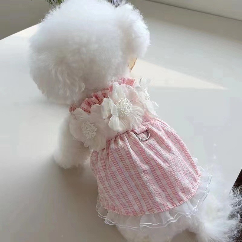Dog Cosume for Shih Tzu Flower 格子格子吊帶裙寵物衣服貓粉色綠色公主裙夏季狗生日禮服拖環