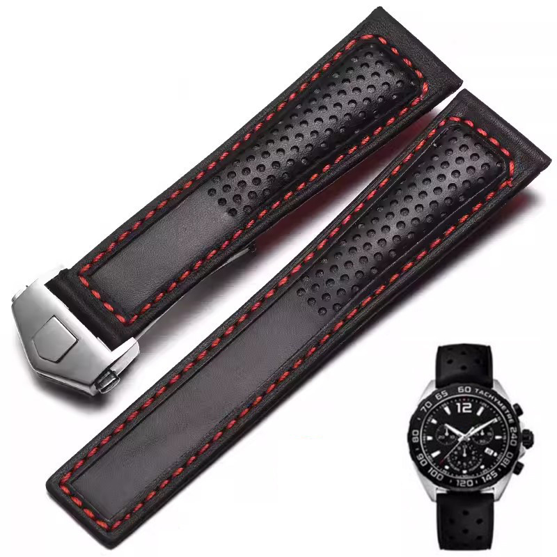 22 毫米皮革錶帶適用於 Tag Heuer Carrera 潛水摩納哥 F1 系列透氣黑色手鍊男士錶帶