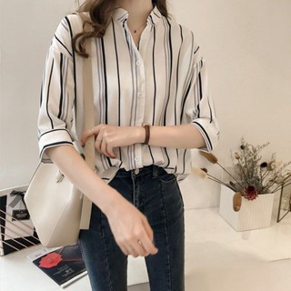 襯衫女設計感小眾胖MM條紋雪紡短袖2025夏新款打底衫V領大碼上衣 顯瘦短袖襯衫 遮肉上衣 大碼女裝