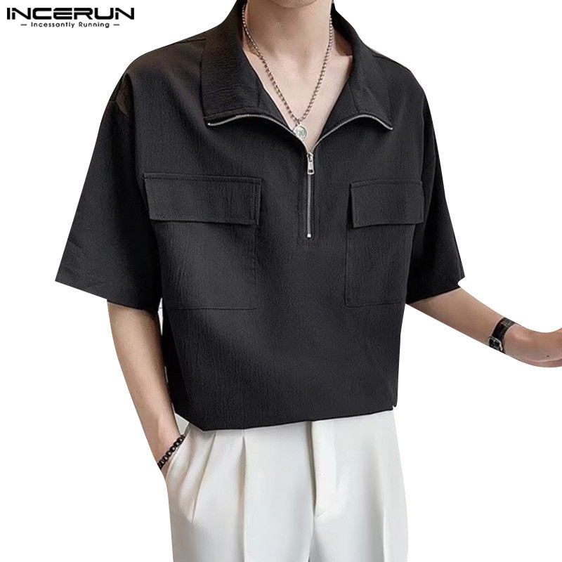 Incerun 男士韓國時尚拉鍊設計口袋短袖 T 恤