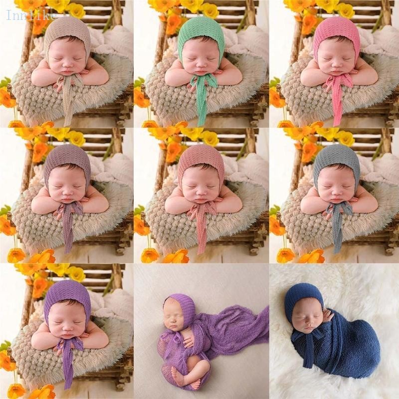 Inn 嬰兒繫帶針織帽手工鉤針豆豆帽新生兒攝影道具帽子嬰兒照片擺姿勢 Ac