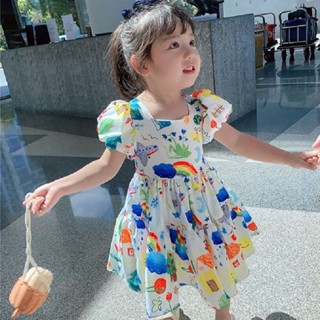 現貨女童韓版洋氣裙子童裝洋裝花色泡泡袖洋裝兒童卡通公主裙夏裝新款沙灘裙