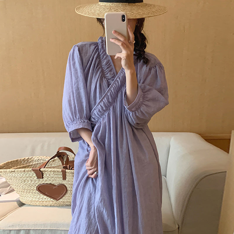 韓國chic夏季優雅香芋紫V領交叉寬鬆一片式設計感泡泡袖洋裝女