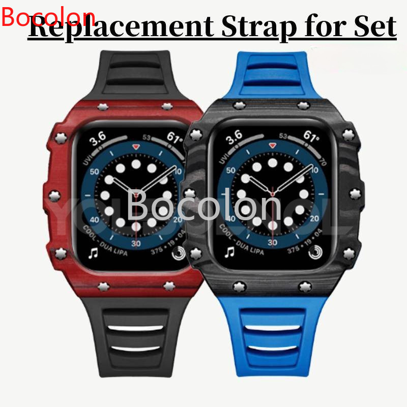 豪華改裝套裝 適用Apple Watch S9 8 7 40 41 44 45mm碳纖維鎧甲錶殼+錶帶 陶瓷一體錶帶