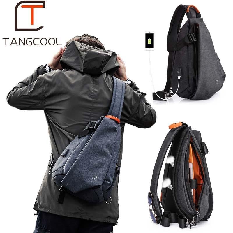 Tangcool 2024 新款多功能時尚男士斜挎包 USB 充電胸包短途旅行信使旅行包