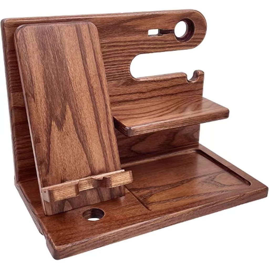 木質手機支架支架天然木材實木雕刻收納盒多功能創意實木架