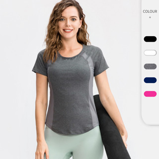 女士緊身瑜伽短袖 圓領運動T恤拼網透氣高彈速乾跑步健身衣