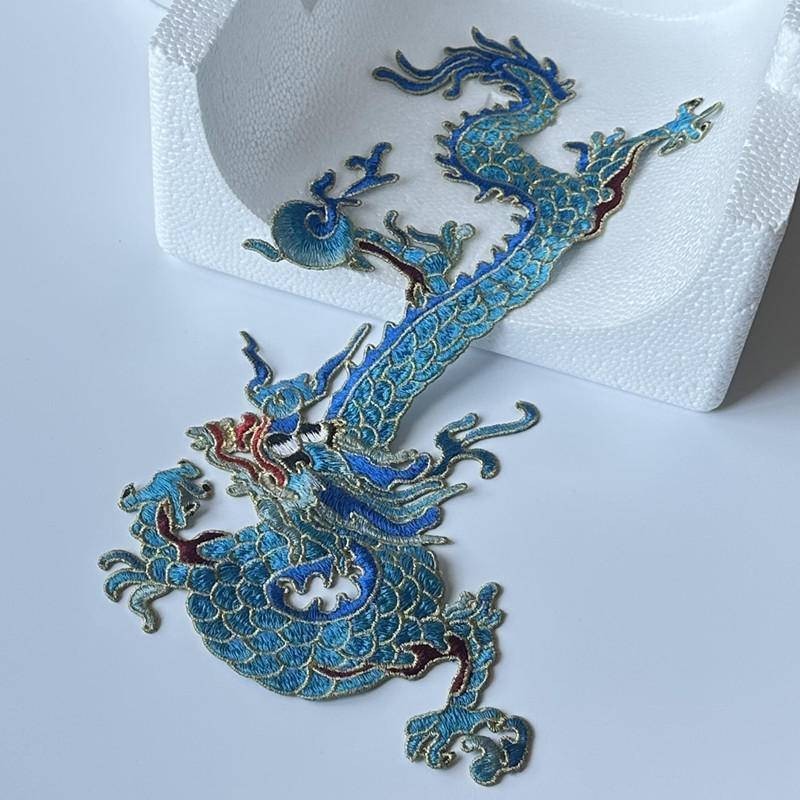 中國風藍色刺繡大龍布貼旗袍衣服裙裝飾補丁洞花片圖案手工縫DIY