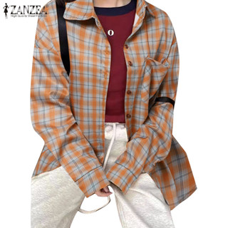 Zanzea 女式韓版時尚日常格紋 Polo 領長袖襯衫上衣