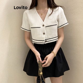 Lovito 女式休閒拼布鈕扣正面對比色綁帶西裝外套 LNE33209 (白色)