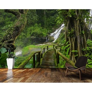 定制森林瀑布木橋自然景觀 3d 壁紙,客廳電視牆臥室餐廳壁畫