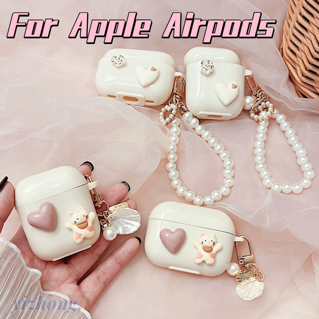 適用於 Airpods Pro 2 3 1 耳機套 3D 貓愛心玫瑰花米色裝飾帶防丟鏈挂件軟 TPU 無線耳塞套耳機防震