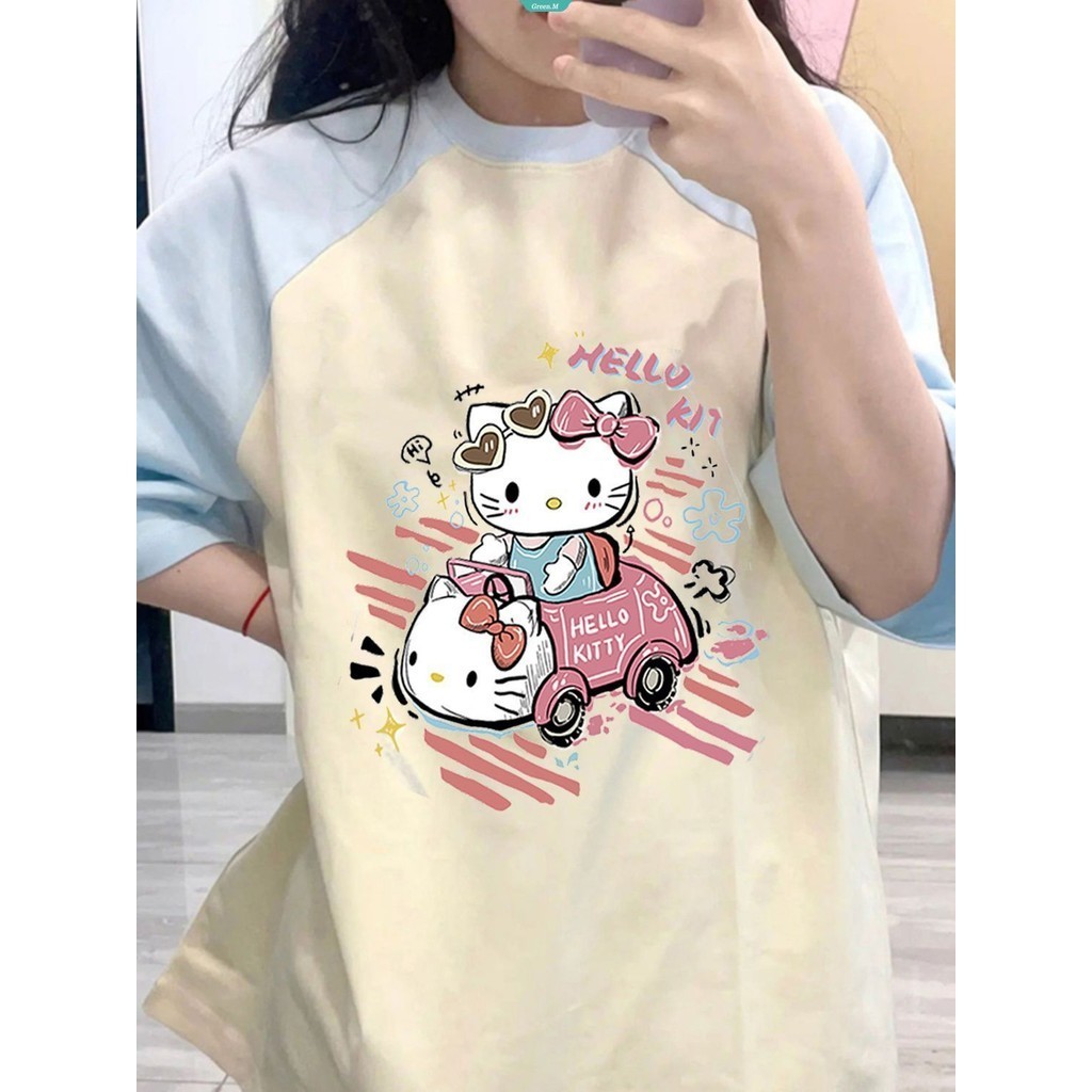 日本三麗鷗hello Kitty卡通印花可愛少女甜美姐姐T恤短袖拼色設計上衣情侶閨蜜裝【GM】