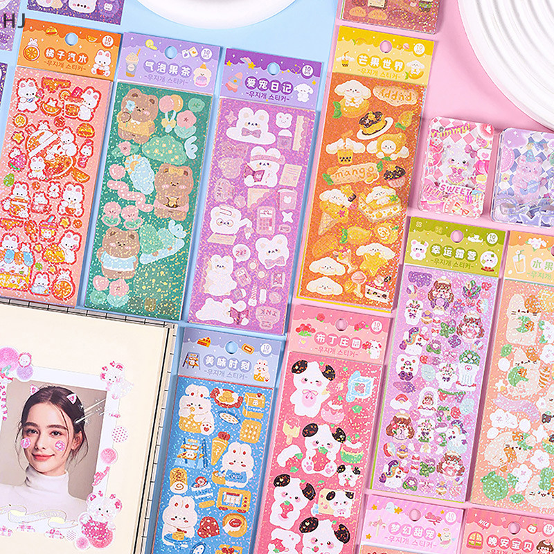Hj 10 件裝卡哇伊韓國裝飾貼紙包可愛彩色卡通設計閃亮閃光效果日記裝飾全新