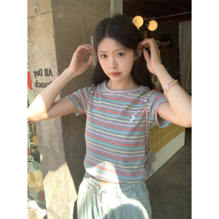 【HOT 本舖】女裝 實拍 韓系彩色條紋短袖T恤夏季撞色簡約修身顯瘦短款上衣女