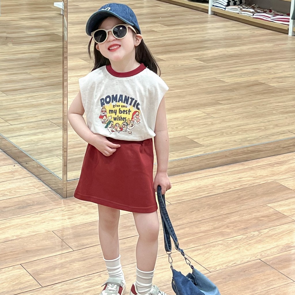 ✨HIKIDS✨夏季韓版新款女兒童卡通字母上衣半身裙兩件套 韓系女童洋氣套裝裙
