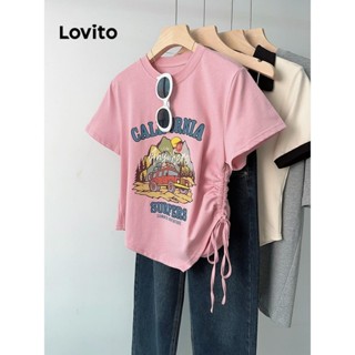 Lovito 女用休閒動物圖案褶飾 T恤 LNE52096