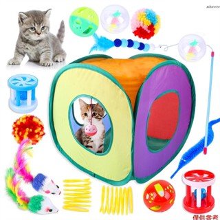 貓玩具 15 件套小貓玩具套裝互動貓玩具室內貓帶可折疊貓帳篷隧道互動貓羽毛玩具羽毛挑逗棒鼠標玩具鈴球鼓