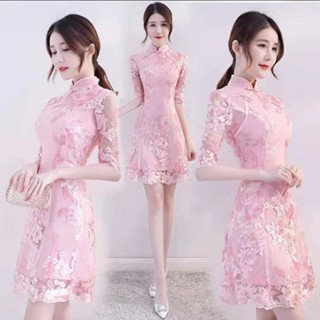 s-3xl 3色可選 少女旗袍 蕾絲繡花 改良旗袍 連衣裙 2024春裝 新款 短款旗袍 日常 時尚 年輕款 旗袍趴