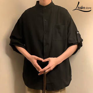 Lush【熱賣】男士休閒簡約素色襯衫七分袖上衣