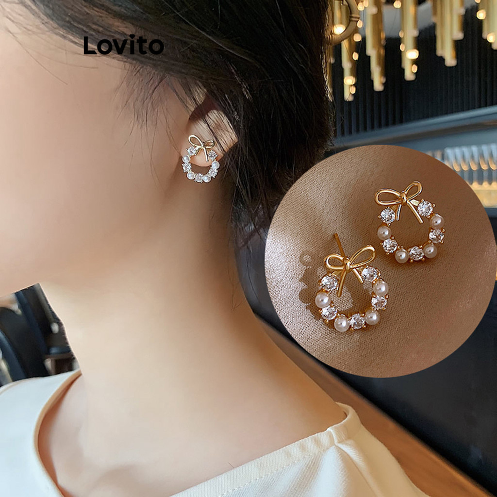 Lovito 女士休閒素色珍珠蝴蝶結耳環 LCS06198