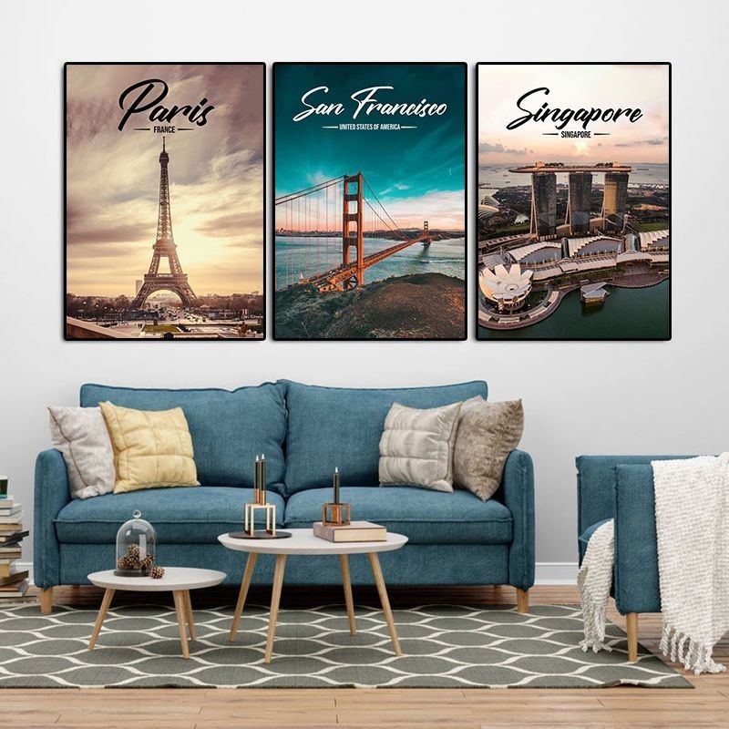 城市建築風景掛畫餐廳客廳沙發背景牆裝飾畫金門大橋巴黎鐵塔壁畫