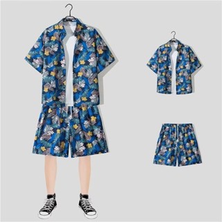 M-3xl 中性夏季短袖度假套裝男士韓式經典設計夏威夷裝領花襯衫和寬鬆休閒短褲藍色沙灘套裝